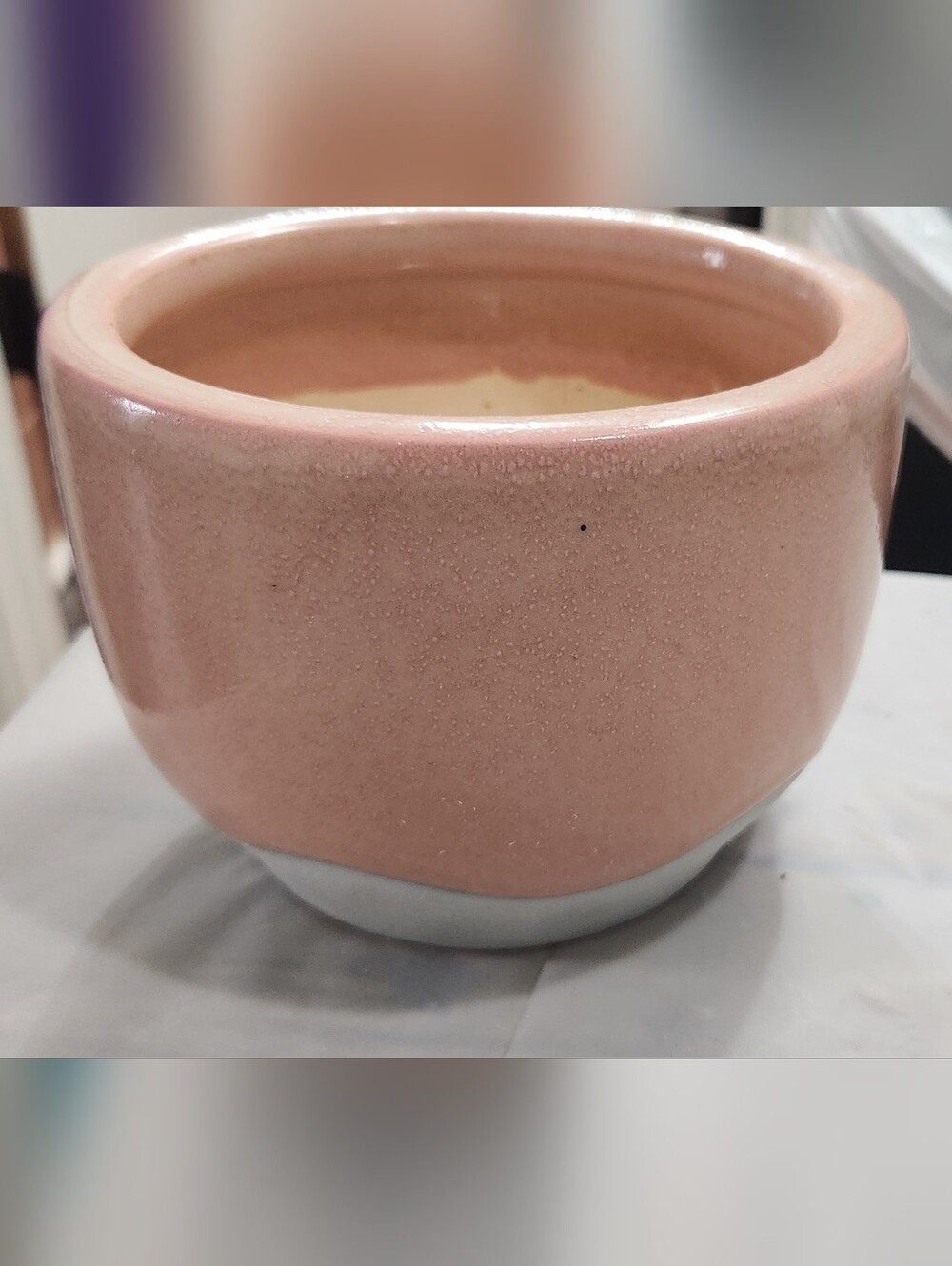 Two-tone ceramic signature speckld wavy dip line glaze pink & matte blue planter